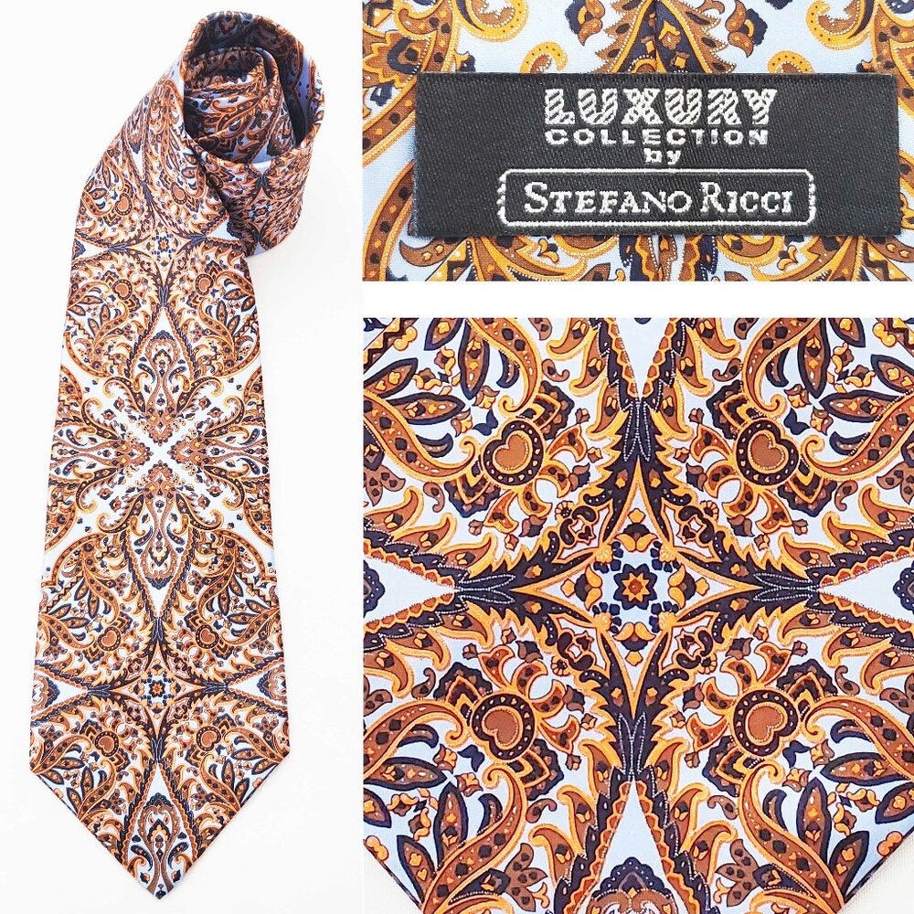 Stefano Ricci Luxury Collection Mens Neck Tie Silk Satin Blue Orange Paisley